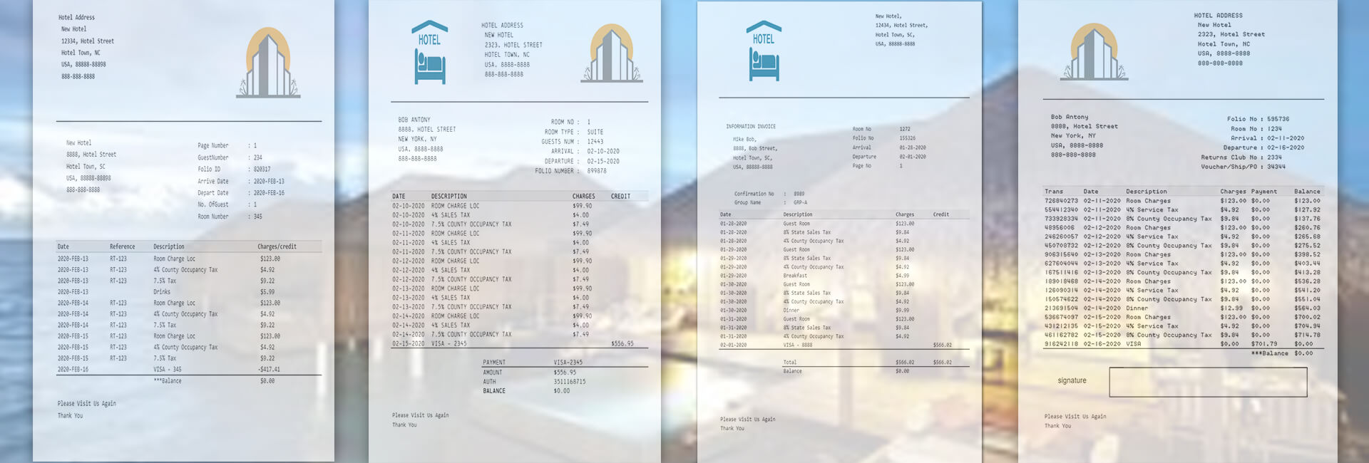 Generate fake hotel receipts which support hotels or lodges or motels.