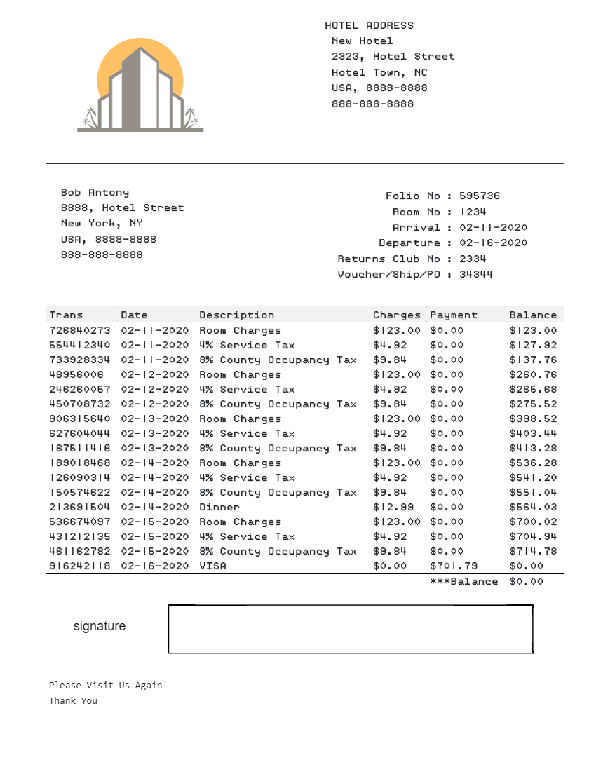 Free fake hotel receipts generator, which allows to customize based on the need.