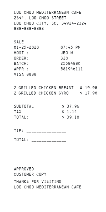 restaurant receipt sample