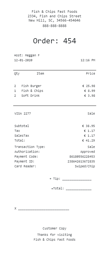 restaurant receipt sample