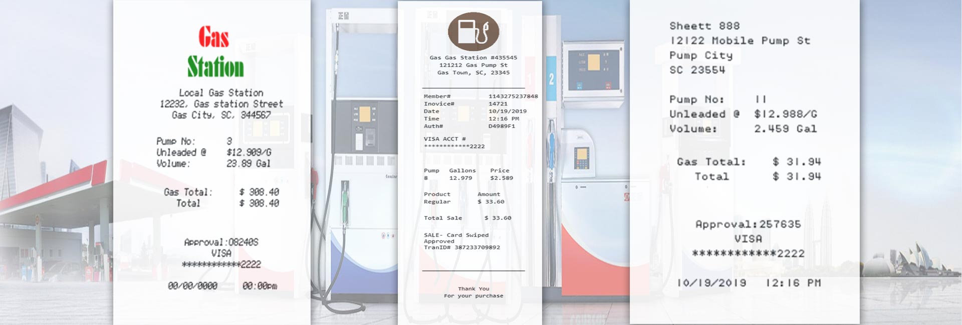 Generate custom or fake or duplicate or dummy travel / expenses receipts / bill / invoices. Simple or standard Receipt generate online for Gas or Petrol or Diesel. It does support gallons or litters for almost any currency type.