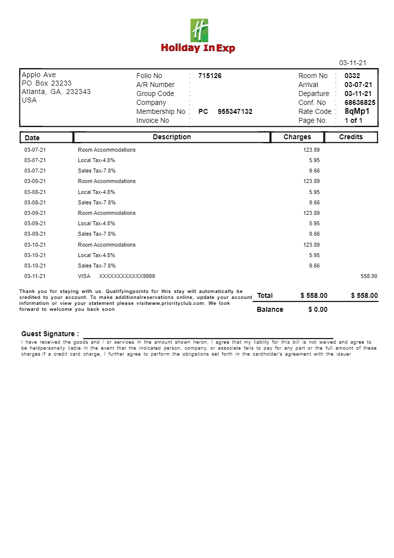 Holiday Inn Hotel Receipt Template