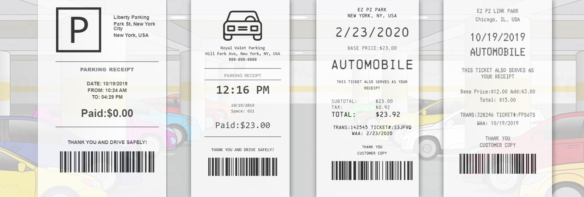 Build / generate duplicate receipts for parking using many templates just like original receipts.